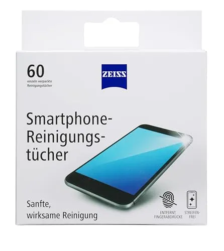 ZEISS Smartphone-Reinigungstücher alkoholfrei - 60 Stück für perfekte Sicht - Brillen-Pflegemittel: Alkoholfreie Tücher für sichere Reinigung aller optischen Flächen, einzeln verpackt, ideal für unterwegs oder auf Reisen.