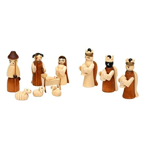 Dekohelden24 Krippe Holz Krippenfiguren (10-tlg) - Traditionelle Krippenfiguren aus Holz in verschiedenen Größen, perfekt für jeden Tisch. Detailreiche Figuren der Heiligen Familie bringen Weihnachtszauber ins Zuhause.