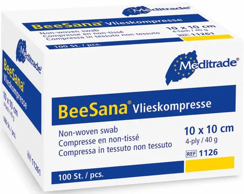 Meditrade Vlies-Kompressen BeeSana 1126, 10x10 cm, 100 St. - Pflaster & Verbandsmaterial, optimale Wundversorgung mit hoher Flüssigkeitsaufnahme und Luftdurchlässigkeit für ein angenehmes Tragegefühl.