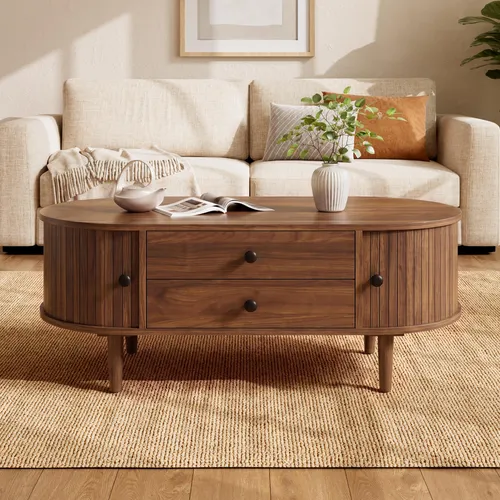 OKWISH Ovaler Couchtisch mit Schiebetüren und Stauraum, Nussbaum