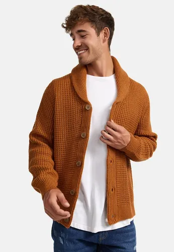 Indicode Strickjacke INBrandox braun M (48) - Trachtenmode in modernem Casual-Stil, aus 85% Acryl und 15% Wolle, mit schickem Schalkragen und Knopfverschluss für zusätzlichen Komfort.