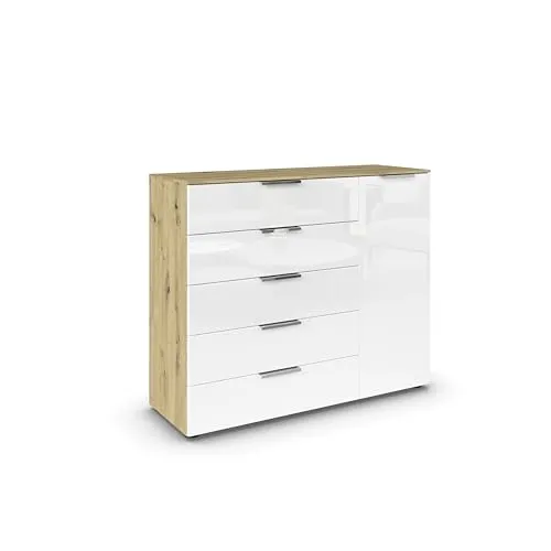 Rauch Möbel Flipp Kombikommode - Elegante 1-türige Kommode mit Glasfront, 5 Schubladen und Soft-Close-Funktion für leises Schließen. Ideal für Wohnzimmer, Schlafzimmer oder Flur. Made in Germany und höhenverstellbare Füße für perfekte Anpassung.