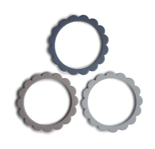 Mushie Beißring Blumen Steel/Dove Gray/Stone, Zahnungsarmband 3er Set, Grau Blau, Silikon BPA-frei, Zahnungshilfe