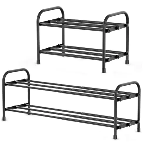 Kepuarm Erweiterbares Schuhregal, 45 – 80 cm, Adjustable, Schmal Ausziehbar Platzsparend Schuh Regal, Klein Metall Schuhschrank Schuhregal Organizer für Flur, Garderobe, Eingangsbereich (2 Etagen)