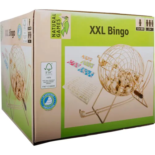 Natural Games XXL Bingo – Klassisches Bingo für die ganze Familie - Gesellschaftsspiel für bis zu 8 Spieler mit hochwertigem Metallkorb und eingelaserten Holzkugeln, ideal für Kinder ab 5 Jahren.