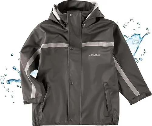 BMS Buddeljacke, Kinder Regenjacke mit abnehmbarer Kapuze in coolgrey Größe 122 - Funktionsjacken: 100% wasserdicht und besonders weich mit reflektierenden Streifen für hohe Sichtbarkeit, ideal für Kindergarten und Outdoor-Aktivitäten.