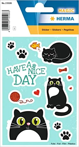 HERMA 15508 Sticker für Kinder, Suprised Cat (13 Aufkleber, Folie, glänzend) selbstklebend, permanent haftende Motiv Etiketten für Mädchen und Jungen, bunt