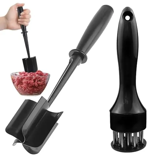 2-teiliges Hackfleisch Zerkleinerer Set, Fleischstampfer mit 5 Klingen & Edelstahl Fleischklopfer, Hackfleisch Stampfer und Schnitzelklopfer für Rindfleisch, Burger, Kartoffeln, Gemüse
