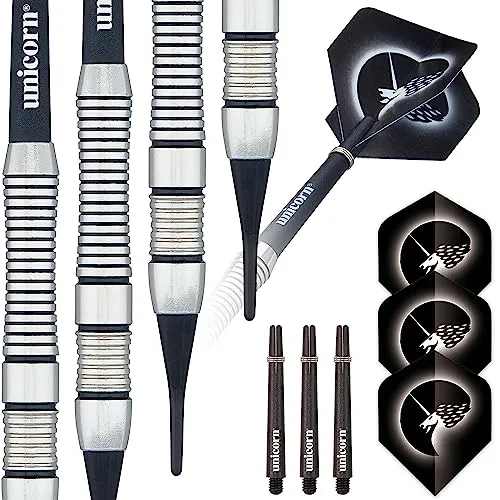 Unicorn Core Plus Satinlux Dartpfeile, Silber/Schwarz, 18 g - Soft-Dartpfeile mit beschichteten Messing-Barrels und Gripper 3 Schäften, ideal für präzises Spiel und ausgestattet mit eingraviertem Einhorn-Stempel.