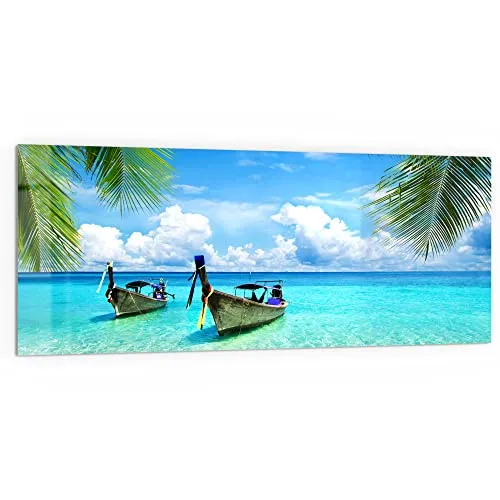 DEQORI Küchenrückwand Glas | Motiv Boote im glasklaren Meer | 125x50 cm | Bad- oder Herd-Rückwand | Herdblende Spritzschutz für Küche & Badezimmer | moderne Deko für Fliesenspiegel