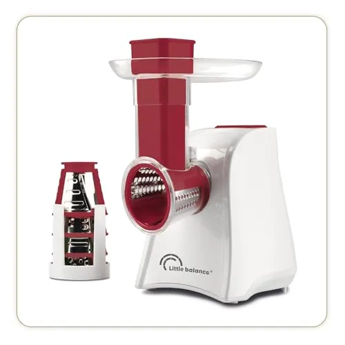 LITTLE BALANCE 8701 Easy Veggie, elektrischer Gemüseschneider 4 in 1, Reibe zum Zerkleinern und Schaben, große Platte auf Flaschenöffnung, 5 abnehmbare Zubehörteile aus Edelstahl, 150 W, weiß/rot