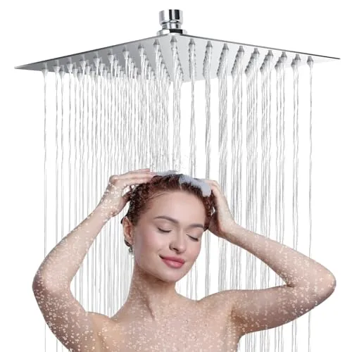 Regendusche Square 12 Zoll, 304 Edelstahl Duschkopf Regendusche, Wassersparend Regenduschkopf mit 90 Anti Kalk Düsen, 360° Verstellbarer Regendusche Duschkopf