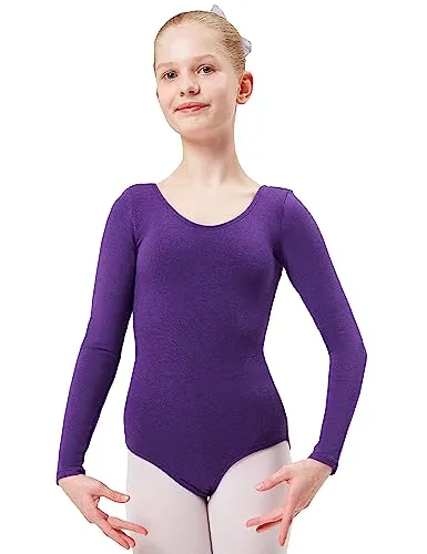 tanzmuster ® Ballettanzug Mädchen Langarm - Lilly - aus Baumwolle, Ballettbody Kinder Ballett Trikot in lila, Größe 140/146