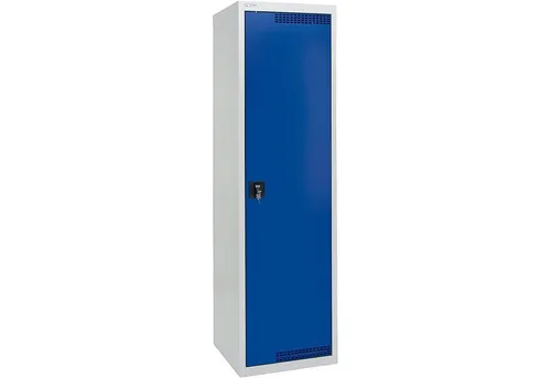 Umweltschrank H1800xB500xT500mm lichtgrau/enzianblau mit 4 Wannen - Robuster Umweltschrank für sicheren Einsatz mit 4 höhenverstellbaren Wannen (10l). Ideal für die Lagerung von Gefahrstoffen, mit versenktem Drehriegelverschluss für zusätzliche Sicherheit.