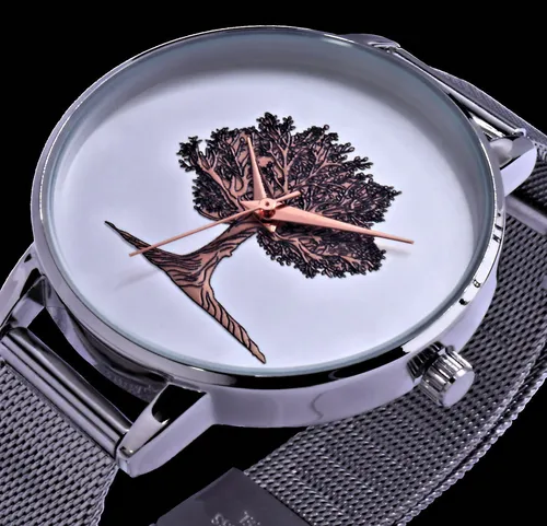 Excellanc Damen Mesh Armband Uhr Silber mit rosegoldenem Baum - Armbanduhren für Damen mit elegantem Milanaise Mesh Armband und einzigartigem Baum-Zifferblatt, ideal für modebewusste Frauen.