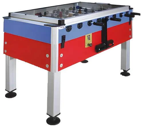 Tischkicker Tischfußballspiel mit Glasabdeckung - Profi-Kicker für spannende Spiele mit Münzprüfer. Robustes Design aus Aluminium und Holz, ideal für Familien. Maße: ca. 135 x 77 x 90 cm.