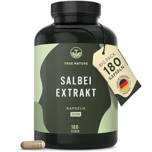 Salbei - 180 Kapseln - Hochdosiert (10:1) - 6000 mg Salbei Extrakt pro Tagesdosis (Salvia officinalis) – Vegan, ohne Zusätze - TRUE NATURE®
