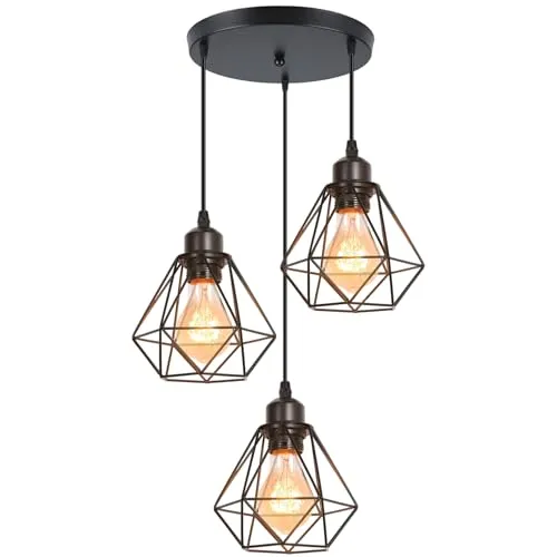 TOKIUS Pendelleuchte 3-flammig Vintage Industrial Hängelampe mit Geometrischem Design E27 Lampe aus Eisen Käfig Lampenschirm Schwarz Hängeleuchte für Esstisch Küche (Pendellampe, Rondell)