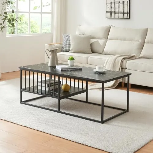 [en.casa] Couchtisch Raukurg – eleganter Sofatisch mit Ablagefach - Beistelltisch fürs Wohnzimmer mit stilvoller Marmoroptik und doppeltem Stauraum für Ordnung und Eleganz – ideal für moderne Wohnräume.