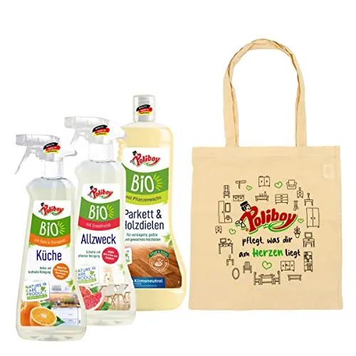 Poliboy Bio Parkett & Holzdielen Pflege (1000 ml), Bio Küchen Reiniger (500 ml) und Bio Allzweck Reiniger (500 ml) + Baumwolltasche - Vegan - Made in Germany