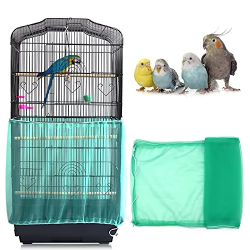 Mngren Universal Vogelkäfig Abdeckung, Einstellbar Vogelkäfig Samenfänger, Sanft Papageien Kordelzug Vogelfutter Kleintiere Netz, Abdeckung Rock Bewachen für Runde Quadratische Käfige (Grün)