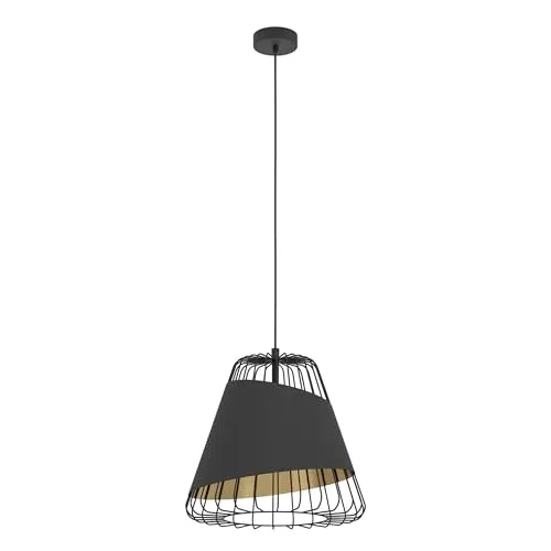EGLO Pendelleuchte Austell – 1-flammige Hängelampe im Industrial-Vintage-Stil - Lampen – Stilvolle Pendelleuchte aus Stahl und Textil in Schwarz und Gold, sorgt für faszinierende Licht- und Schattenspiele. Ideal für Esszimmer, Wohnzimmer oder Küchen.