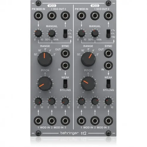 Behringer 112 Dual VCO - Eurorack Modul mit zwei analogen VCOs, bietet vielfältige Wellenformen und präzise Steuerungsoptionen für kreative Klanggestaltung.