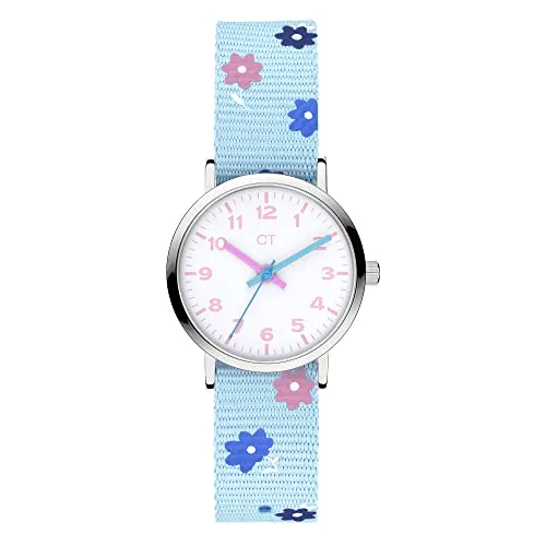 Cool Time Kids Armbanduhr mit Nylon Armband - Türkis Blumen-Motiv - Armbanduhr für Jungen mit kinderfreundlichem Zifferblatt, 3ATM wasserdicht und widerstandsfähigem Textilband. Ideal als Geschenk und Hingucker in der Schule.