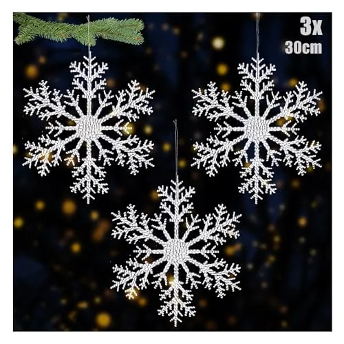 com-four® 3X Große Deko Anhänger Schneeflocken - Transparente 30 cm Schneeflocken-Anhänger mit Aufhängeschnur- Ornamente Christbaumhänger und Weihnachtsaufhänger - Snowflake