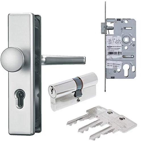 ABUS Türbeschlag Set aus Schutz-Wechselgarnitur DR/KN silber Einsteckschloss Türzylinder A93 30/30 mm inkl. 3 Schlüssel als Grundausstattung für Wohnungseingangstür