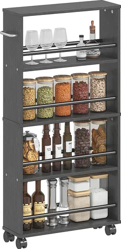 HOMCOM Servierwagen mit 4 Etagen Küchenwagen mit Rollen Griffe Allzweckwagen mit Bremsen schmal Küchenregal Küchenrollwagen für Küche Büro Badezimmer, Schwarz