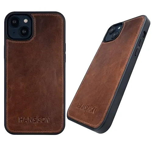 HANS/SON Echtleder Handyhülle in Cognac | iPhone 13 Pro Ledercase | Schutz vor Stürzen und Stössen | Magsafe kompatibel | Hochwertig | Dünne Schutzhülle aus Leder