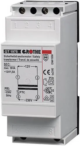 Grothe 14102 Klingel-Transformator 8 V/AC 2A - Sicher und zuverlässig - Sonstige Elektroinstallationsartikel, mit PTC-Schutz gegen Kurzschluss und Überlast, geprüft nach EN61558 und zertifiziert nach VDE und KEMA für höchste Sicherheit.