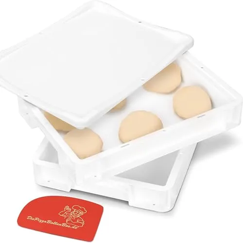 RoyalFay® Pizzaballenbox 2er Set – Made in Germany – Gärbox 30x40x8 cm mit 1 Deckel – lebensmittelechte & BPA-freie Teigbox für Pizzateigballen – stapelbar & robust – (weiß)