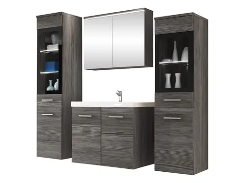 Mirjan24 Badmöbel Set Madrit II mit LED-Beleuchtung - Komplettprogramm für Badezimmer mit modernem Design, inklusive Waschbecken und Siphon. Bietet großen Stauraum und stilvolle weiße LED-Beleuchtung für eine angenehme Atmosphäre.