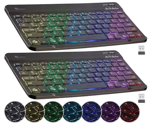 GeneralKeys Tastatur RGB: 2er Kompakte Multi-Device-Akku-Funktastatur Bluetooth, LED, QWERTZ (Tastatur, beleuchtet, deutsch, Mini Wireless, Multimedia)