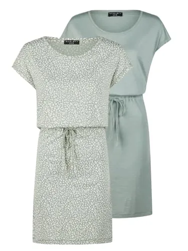 DENIMFY Sommerkleid Damen 2er Set Pack DFBella Kurzarm Rundhals Kleid Strandkleid Midikleid Sommer Muster Einfarbig, Größe:S, Farbe:Green - Green-Offwhite