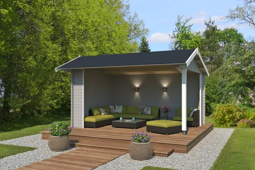 Lasita Überdachung Satteldach 34 mm San Diego grau 445x320 cm - Gartenüberdachung mit 12.26 m² Fläche, stabiler Blockbohlenkonstruktion und 5 Jahren Herstellergarantie - perfekt für Schutz und Stil in Ihrem Garten.