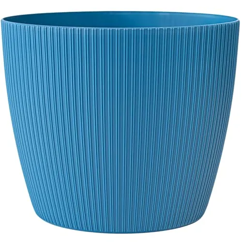 KONZEPT Blumentopf groß, blau, gerillte Struktur 26cm, Übertöpfe für Zimmerpflanzen aus Kunststoff ideal für Wohnzimmer, Küche und Balkon