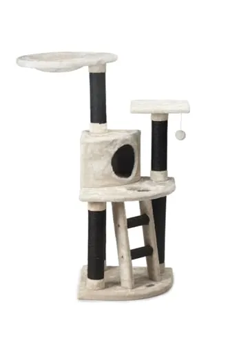 Beeztees Dominjo Katzen Kratzbaum, creme, 50x50x123 cm - Aktivitätskratzbaum mit Premiumplüsch, komfortabler Leiter zur Schlafhöhle und Spielzeugball am Gummiband – ideal für verspielte Katzen.
