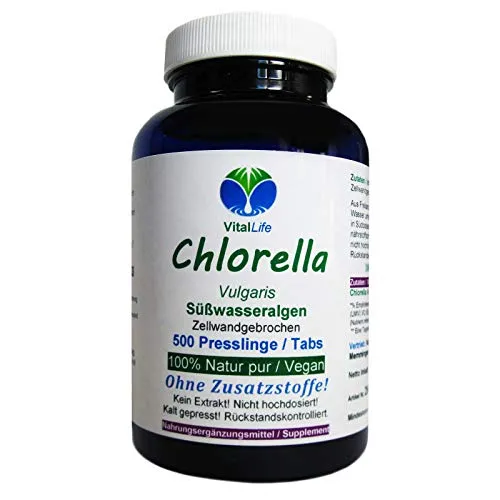 Chlorella Vulgaris 500 Presslinge Natur Pur NICHT hochdosiert KEIN Extrakt OHNE Zusatzstoffe. Abgefüllt in Deutschland. 26403
