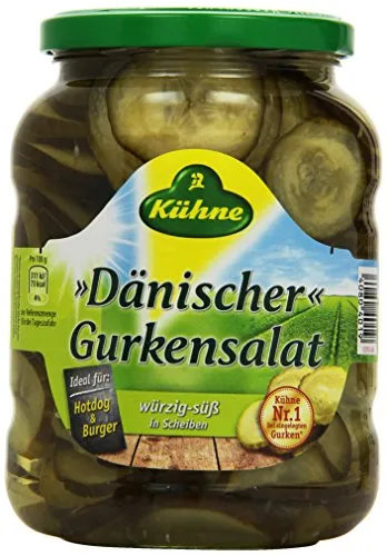 Kühne Dänischer Gurkensalat, 720ml - Eingelegte Gurken, frisch und knackig im Geschmack, ideal für Salate und als Beilage zu Fleischgerichten.