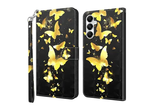 CLM-Tech Handytasche für Samsung Galaxy A16 / A17 5G Hülle aus Kunstleder Klapphülle (Schmetterlinge gold schwarz, Handyhülle mit Standfunktion - Wallet Flip Case inklusive Kartenfächer), Cover mit Magnetverschluss