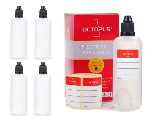 OCTOPUS Kanister 5 Plastikflaschen mit Trichter 100ml G14 Tropfeinsatz Deckel schwarz