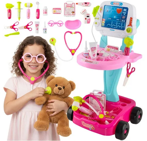 Arztkoffer Kinder Spielzeug mit Wagen – 18-teiliges Arztset in Rosa Blau