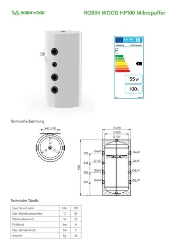 Kompakt Pufferspeicher 100 Liter Wandhängend - Pufferspeicher für effiziente Wärmeversorgung, 100 Liter Volumen, integrierte Wandmontageplatte und hohe Betriebstemperatur bis 95 °C.