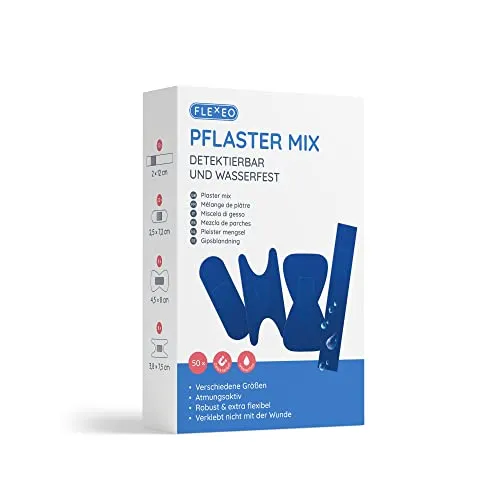 Pflaster Mix Set detektierbar & wasserfest - 50 Stk Blau - Box mit Fingerpflaster lang, Fingerkuppenpflaster, Gelenkpflaster & Strips - Pflasterbox gefüllt für Reise & Büro - Pflasterset - band aid