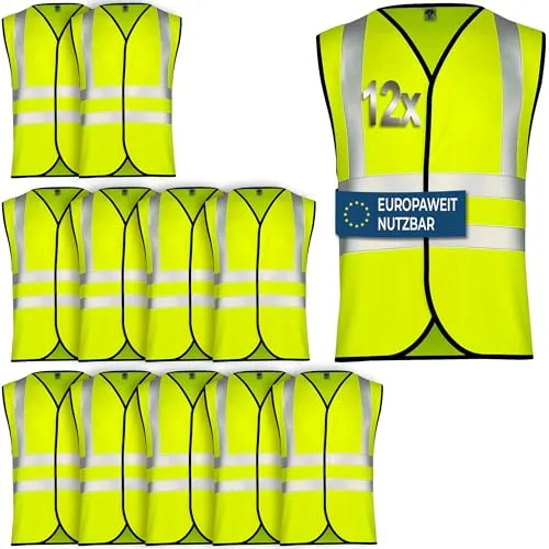 OMKA Warnweste Set – Sicherheitswesten Neonfarben mit 360° Reflexstreifen – Auto Pannenweste für Kinder & Erwachsene mit Klettverschluss (4, Neon Gelb, M)