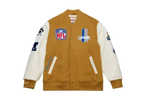 Mitchell & Ness Varsity Jacke - DUSTED Detroit Lions - 3XL - Braun - Stylische NFL Varsity Jacket von Mitchell & Ness im Retro-Look. Hochwertiger Woll-Polyester-Mix und auffällige Patches machen sie zum Highlight für Fans. Ideal für trendige Streetwear und sportliche Anlässe.