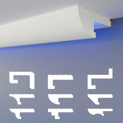 HEXIMO LED-Schattenfugenprofil Stuckleisten, indirekte Beleuchtung XPS-Styropor-Trockenbau-Deckenlichtleisten Beleuchtung Styropor-Deckenleisten (30,6 Meter HLED 15)
